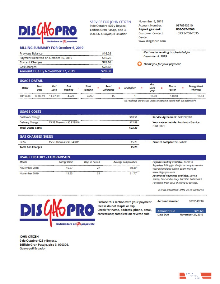 Ecuador Disgaspro gas utility bill template in Word and PDF format